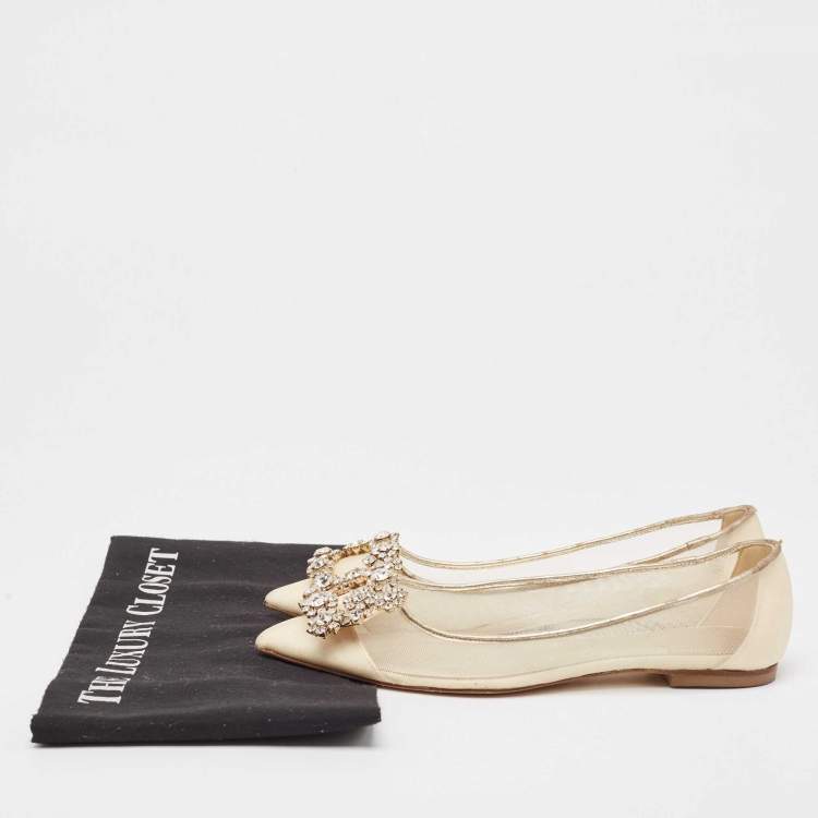 Pre Owned Roger Vivier Beige/Gold Leather and Mesh Crystal Embellished  Ballet Flats Size 34