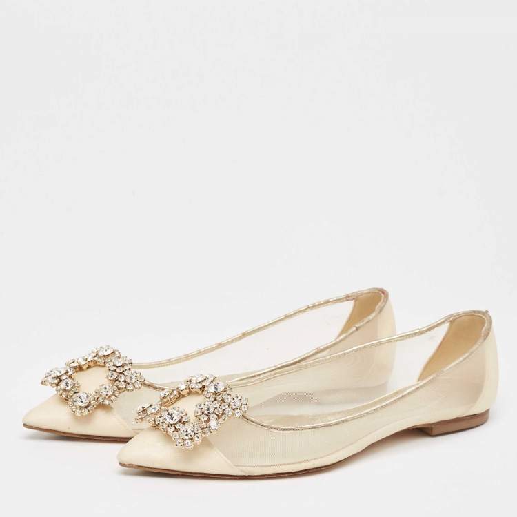 Pre Owned Roger Vivier Beige/Gold Leather and Mesh Crystal Embellished  Ballet Flats Size 34