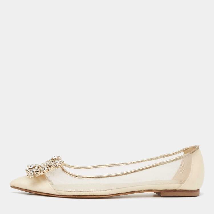 Pre Owned Roger Vivier Beige/Gold Leather and Mesh Crystal Embellished  Ballet Flats Size 34