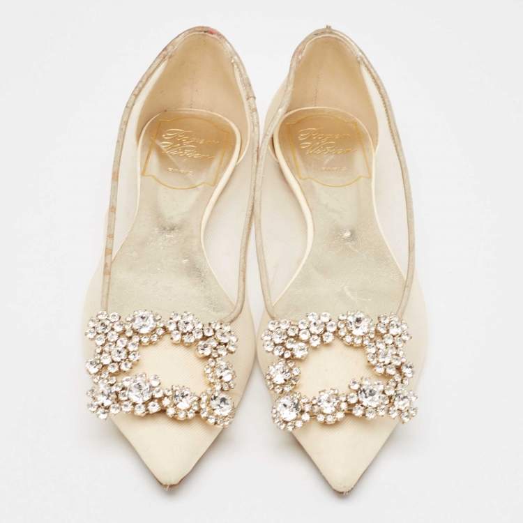 Pre Owned Roger Vivier Beige/Gold Leather and Mesh Crystal Embellished  Ballet Flats Size 34