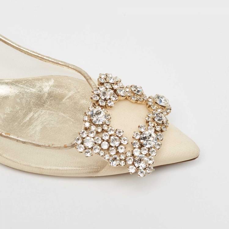 Pre Owned Roger Vivier Beige/Gold Leather and Mesh Crystal Embellished  Ballet Flats Size 34