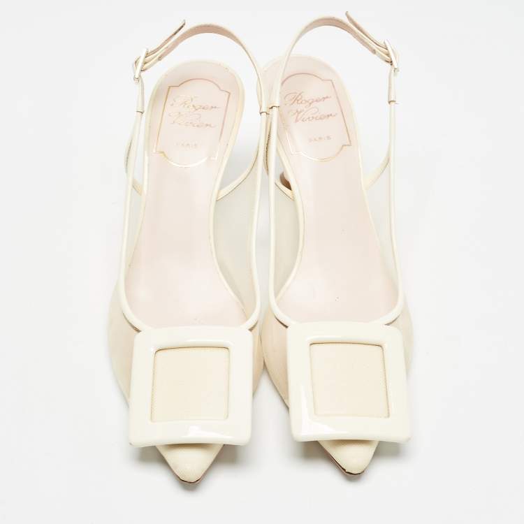 Pre Owned Roger Vivier Cream Patent Leather and Mesh Viv in the City Pumps Size 36