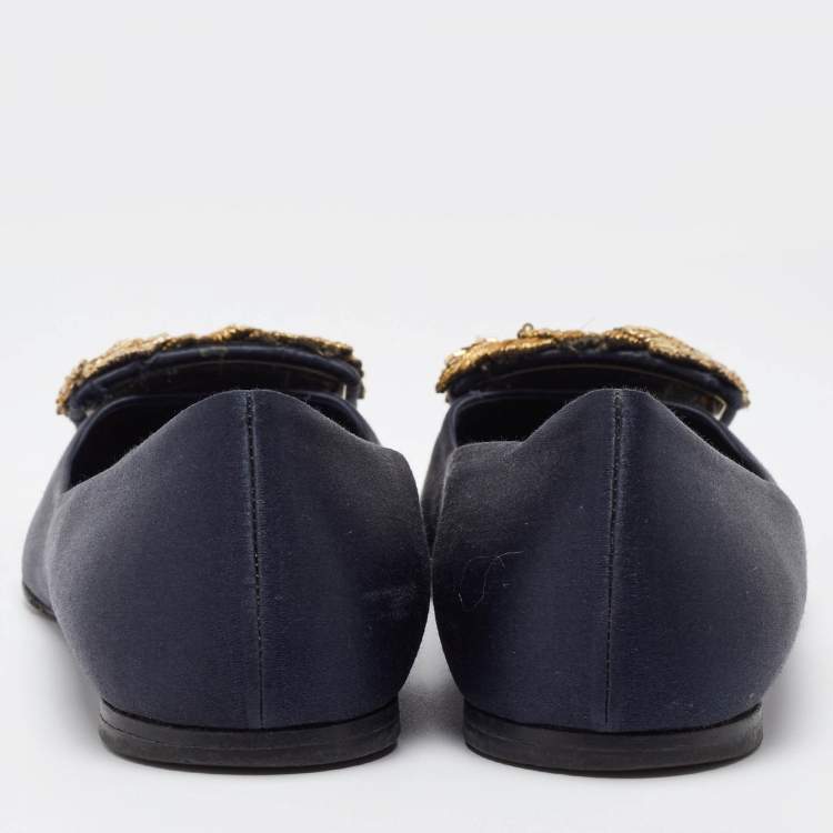 Pre Owned Roger Vivier Navy Blue Satin Gommette Ballet Flats Size 40.5