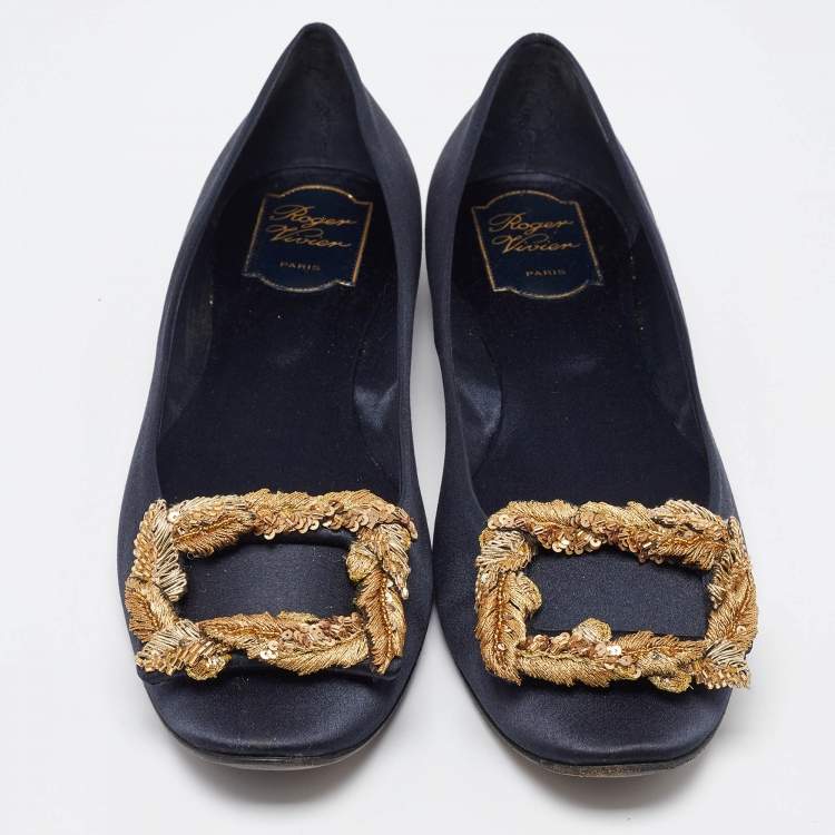Pre Owned Roger Vivier Navy Blue Satin Gommette Ballet Flats Size 40.5
