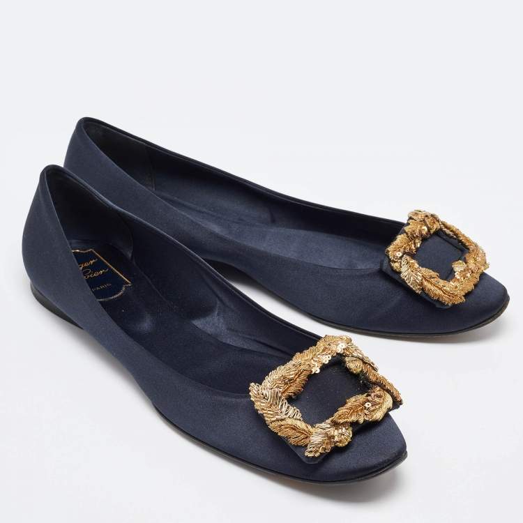 Pre Owned Roger Vivier Navy Blue Satin Gommette Ballet Flats Size 40.5