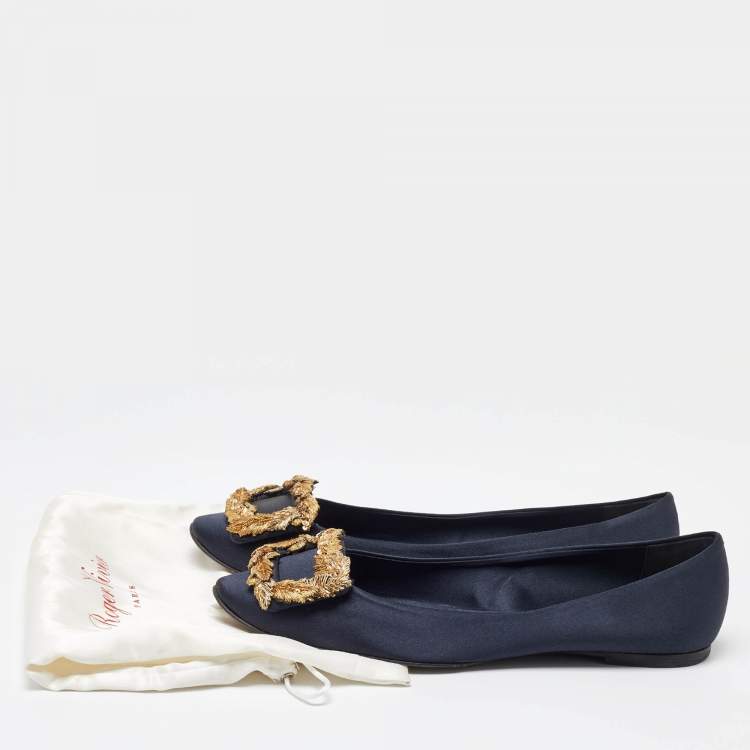 Pre Owned Roger Vivier Navy Blue Satin Gommette Ballet Flats Size 40.5