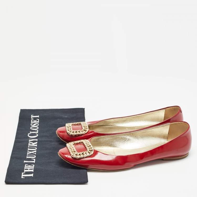 Pre Owned Roger Vivier Dark Red Patent Leather Chain Buckle Ballet Flats Size 40.5 