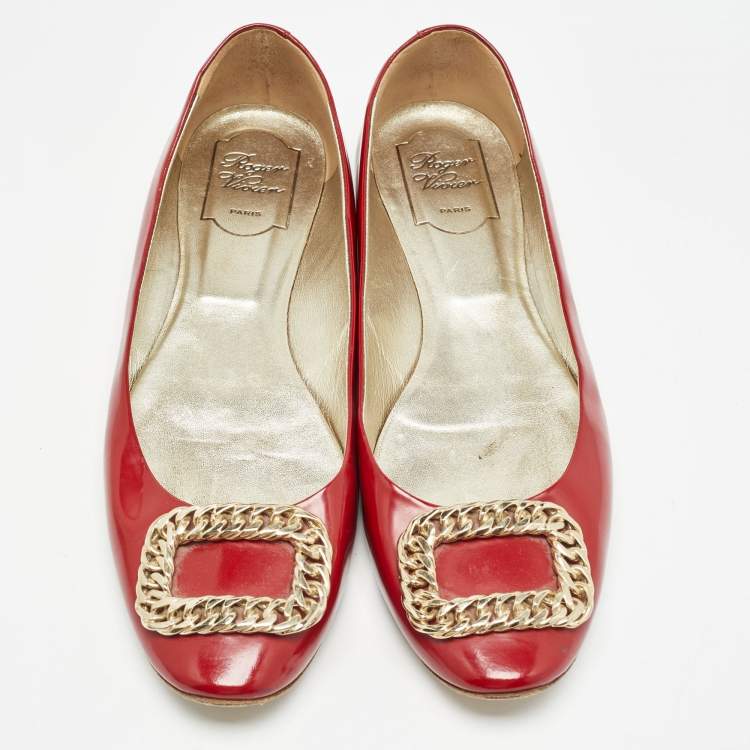 Pre Owned Roger Vivier Dark Red Patent Leather Chain Buckle Ballet Flats Size 40.5 