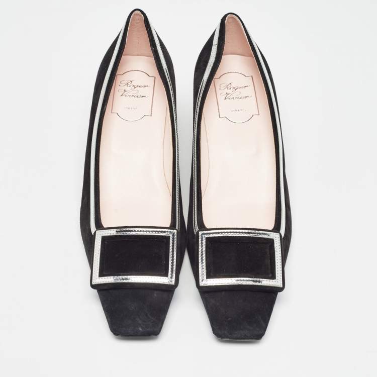Pre Owned Roger Vivier Black/Silver Suede and Leather Square Toe Pumps Size 40