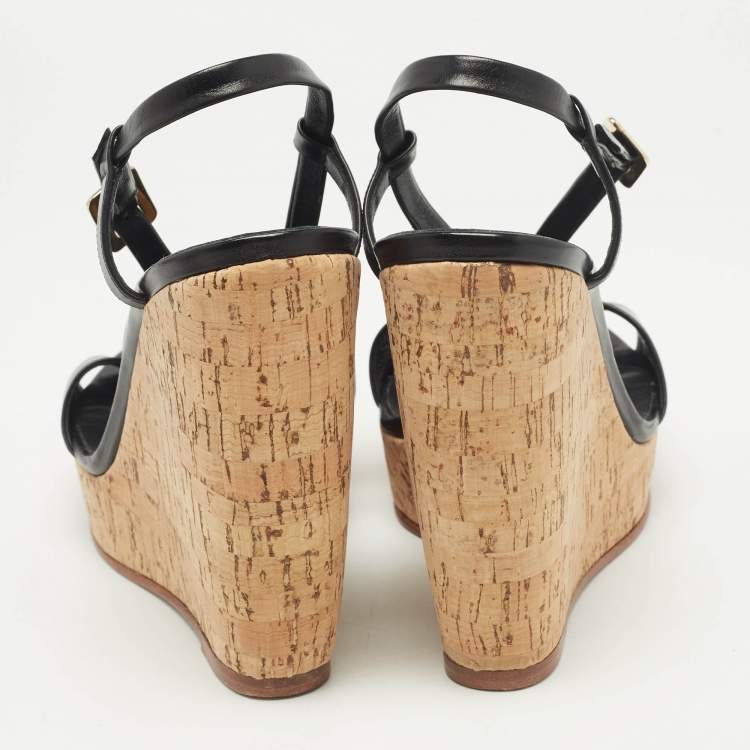 Pre Owned Roger Vivier Black Leather Cork Wedge Ankle Strap Sandals Size 39