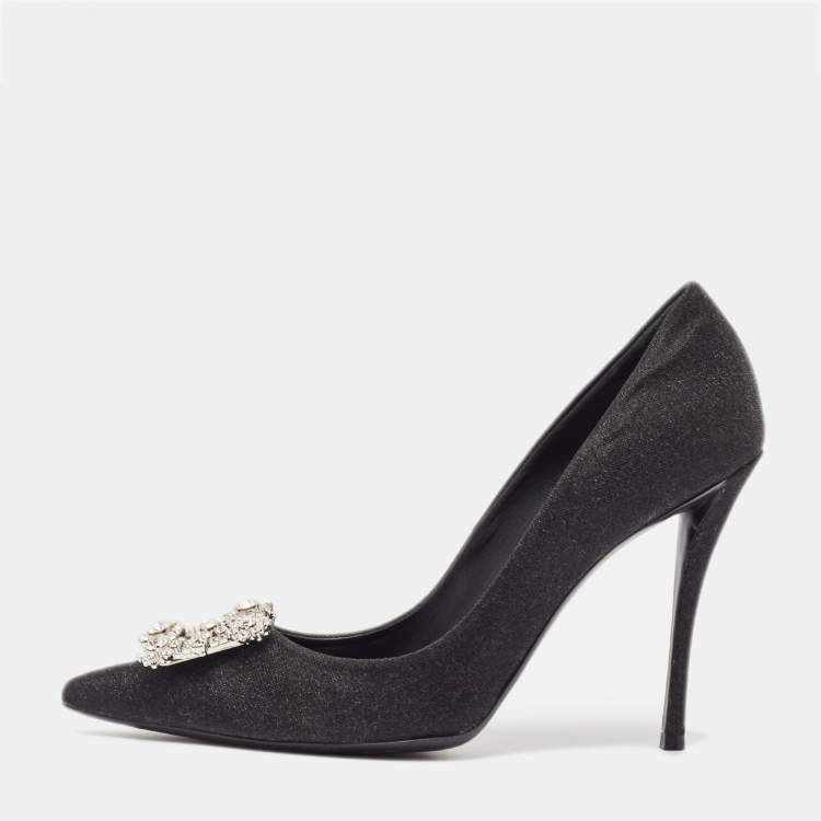 Pre Owned Roger Vivier Black Glitter Fabric Flower Strass Buckle Pumps Size 40