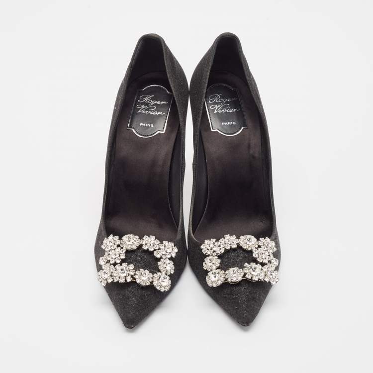 Pre Owned Roger Vivier Black Glitter Fabric Flower Strass Buckle Pumps Size 40