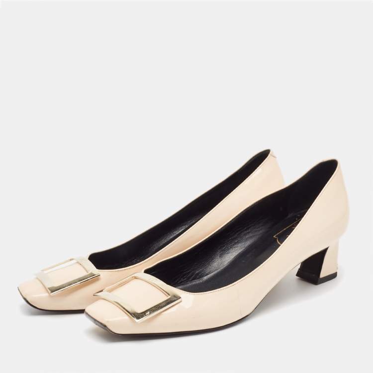 Pre Owned Roger Vivier Cream Patent Leather Belle Vivier Block Heel Pumps Size 38