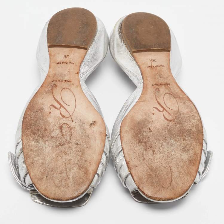 Pre Owned Roger Vivier Silver Leather Open Toe Ballet Flats Size 36