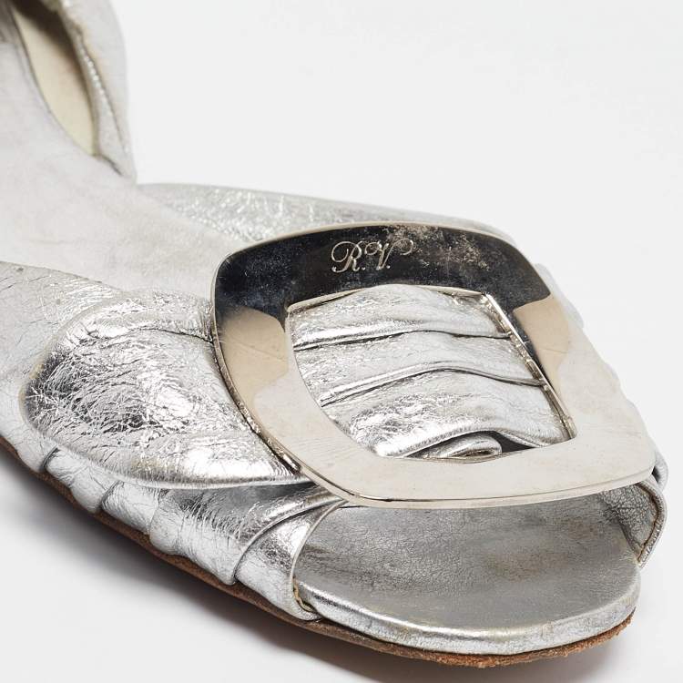 Pre Owned Roger Vivier Silver Leather Open Toe Ballet Flats Size 36