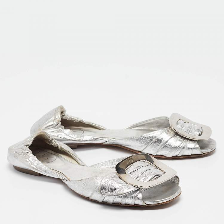 Pre Owned Roger Vivier Silver Leather Open Toe Ballet Flats Size 36