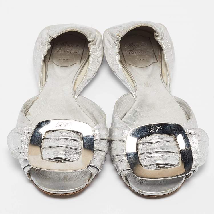 Pre Owned Roger Vivier Silver Leather Open Toe Ballet Flats Size 36