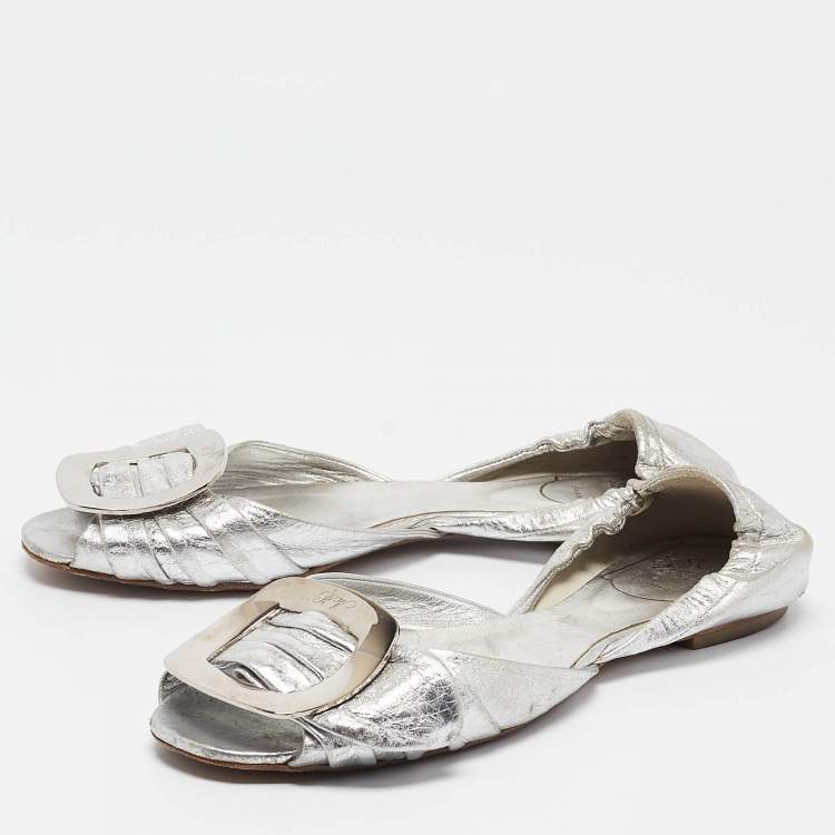 Pre Owned Roger Vivier Silver Leather Open Toe Ballet Flats Size 36