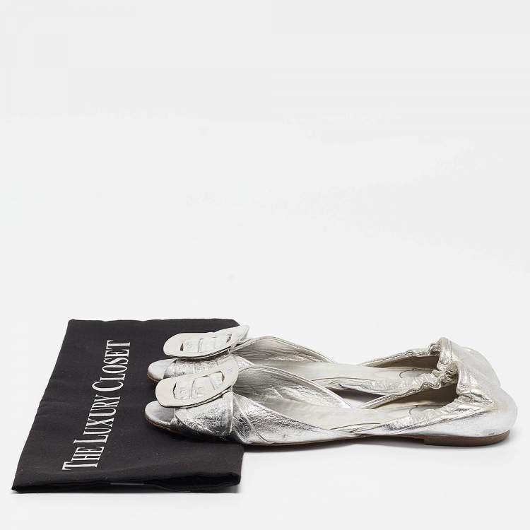 Pre Owned Roger Vivier Silver Leather Open Toe Ballet Flats Size 36