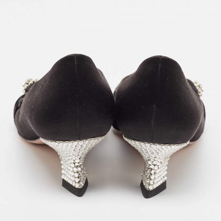 Pre Owned Roger Vivier Black Satin Crystals Embellished Bow Pumps Size 39