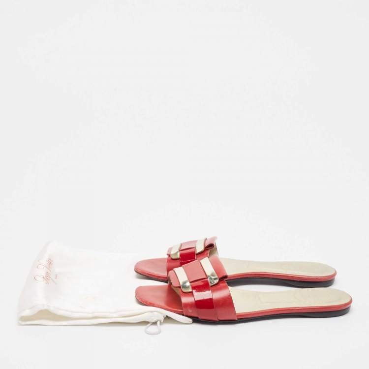 Pre Owned Roger Vivier Red/Gold Patent and Leather Pilgrim De Jour Slide Flats Size 37