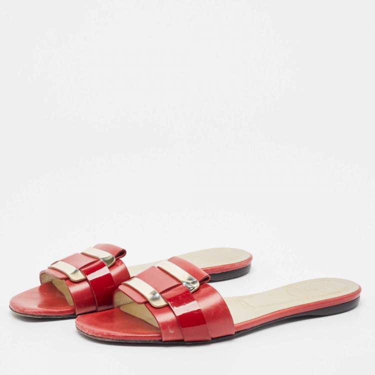 Pre Owned Roger Vivier Red/Gold Patent and Leather Pilgrim De Jour Slide Flats Size 37