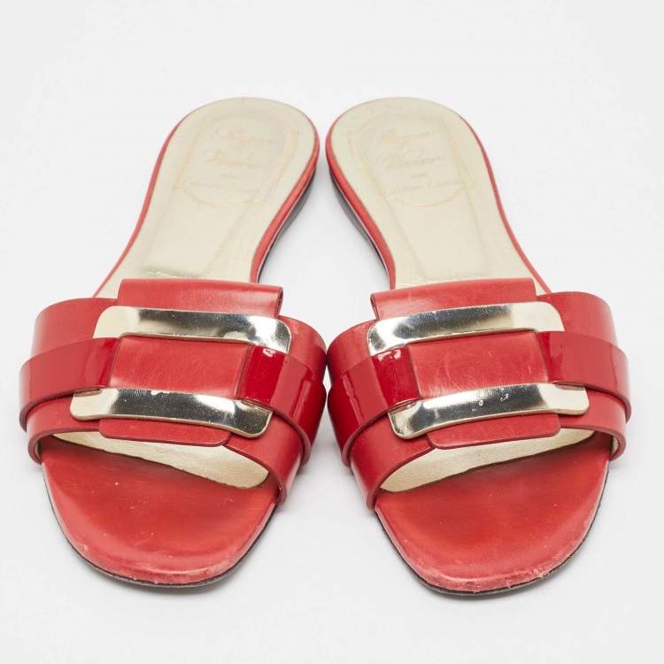 Pre Owned Roger Vivier Red/Gold Patent and Leather Pilgrim De Jour Slide Flats Size 37