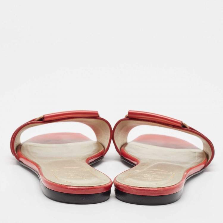Pre Owned Roger Vivier Red/Gold Patent and Leather Pilgrim De Jour Slide Flats Size 37