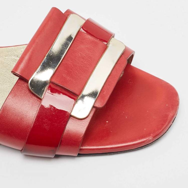 Pre Owned Roger Vivier Red/Gold Patent and Leather Pilgrim De Jour Slide Flats Size 37
