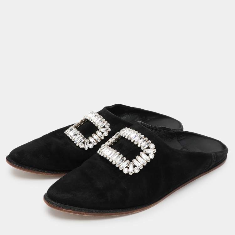 Pre Owned Roger Vivier Black Suede Embellished Mules Size 38.5