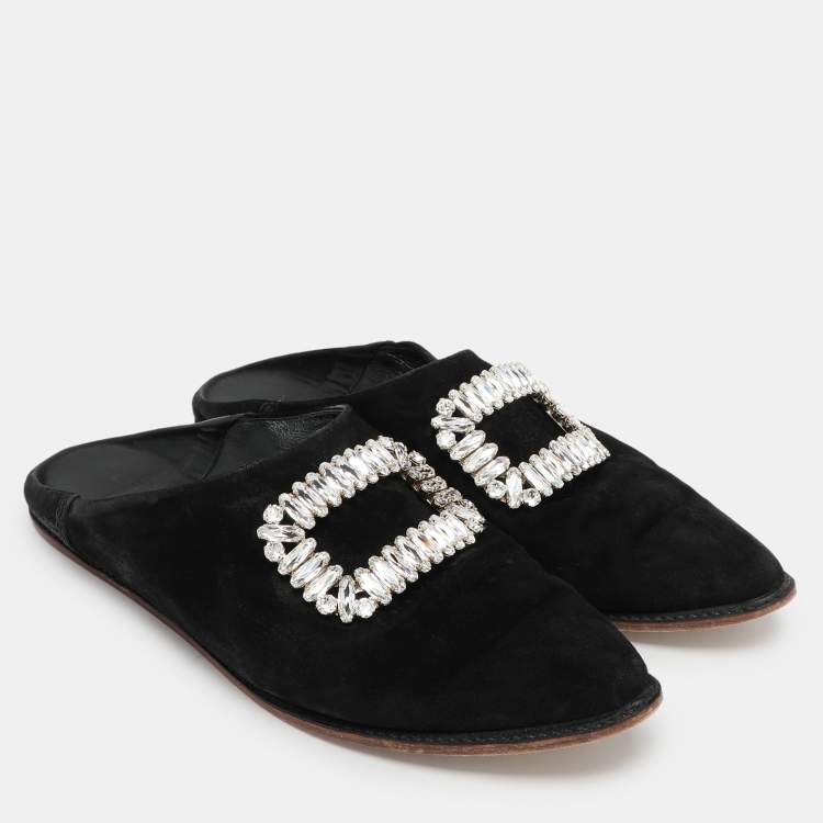 Pre Owned Roger Vivier Black Suede Embellished Mules Size 38.5