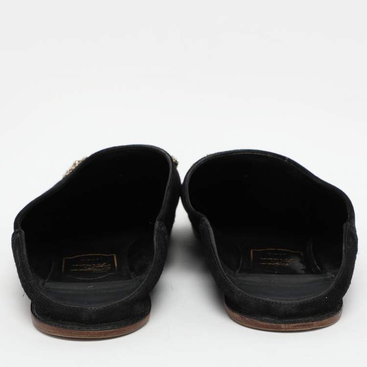 Pre Owned Roger Vivier Black Suede Embellished Mules Size 38.5
