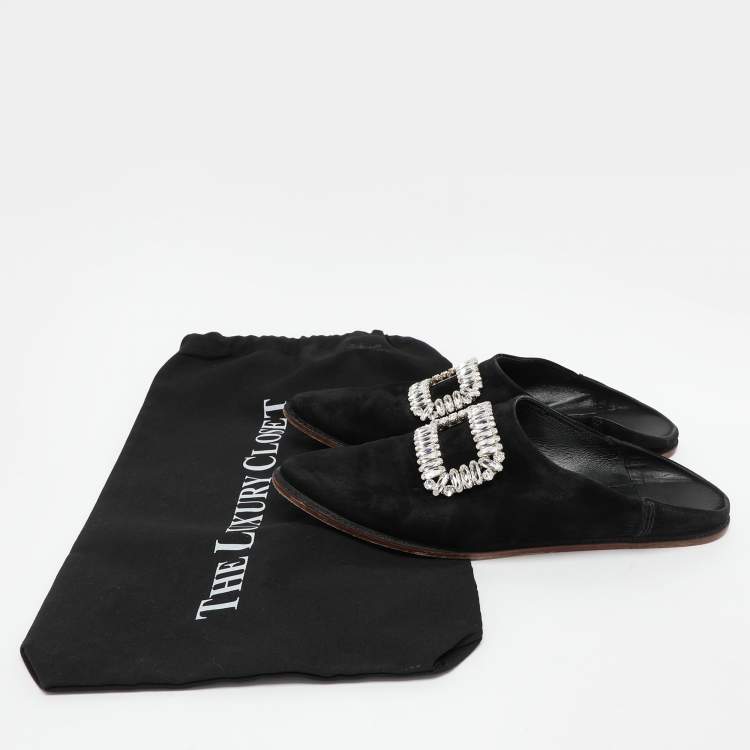 Pre Owned Roger Vivier Black Suede Embellished Mules Size 38.5