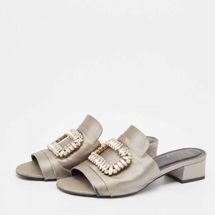 Pre Owned Roger Vivier Grey Satin Crystal Embellished Slide Sandals Size 38