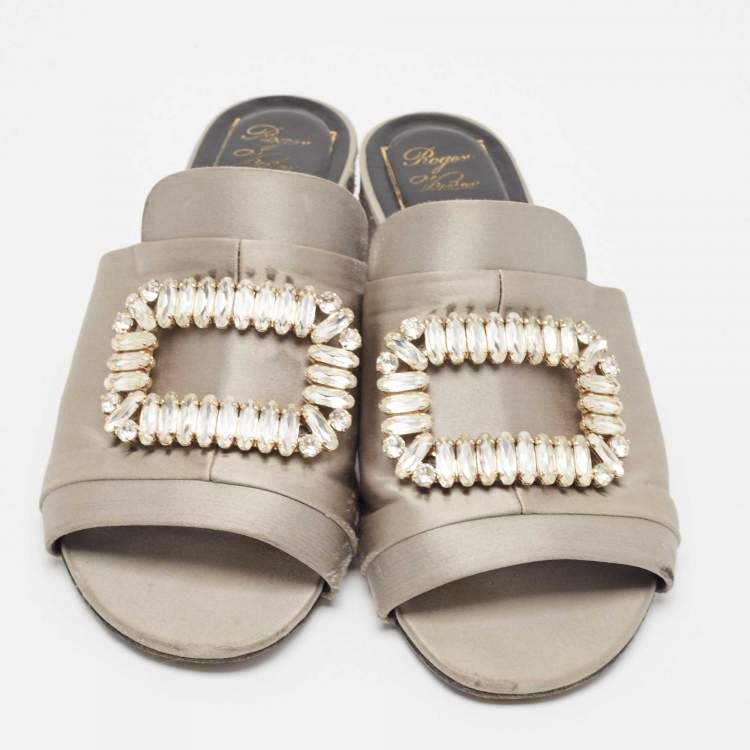 Pre Owned Roger Vivier Grey Satin Crystal Embellished Slide Sandals Size 38