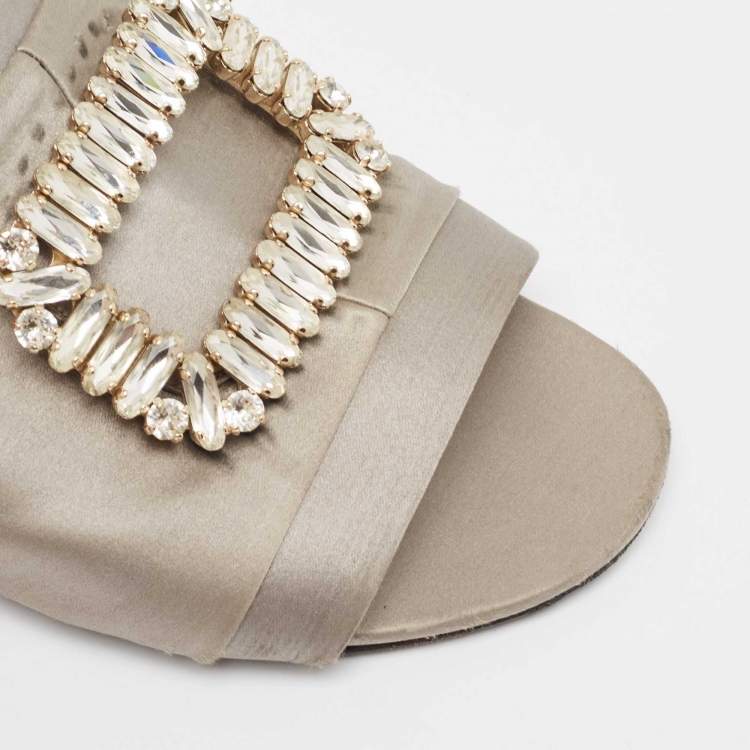 Pre Owned Roger Vivier Grey Satin Crystal Embellished Slide Sandals Size 38