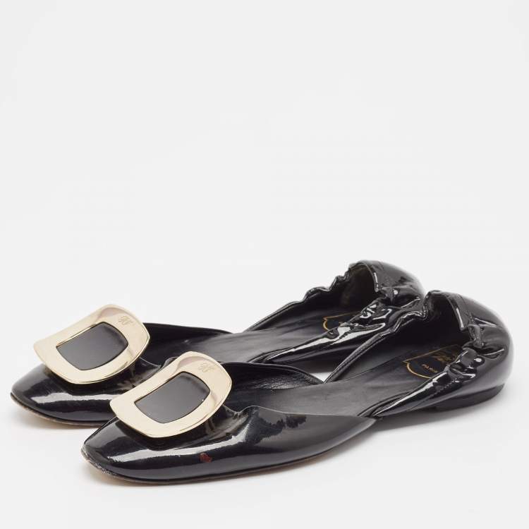 Pre Owned Roger Vivier Black Patent Leather Chip Scrunch Flats Size 39