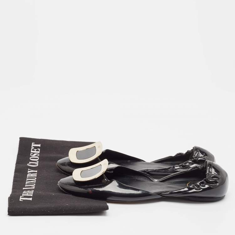 Pre Owned Roger Vivier Black Patent Leather Chip Scrunch Flats Size 39