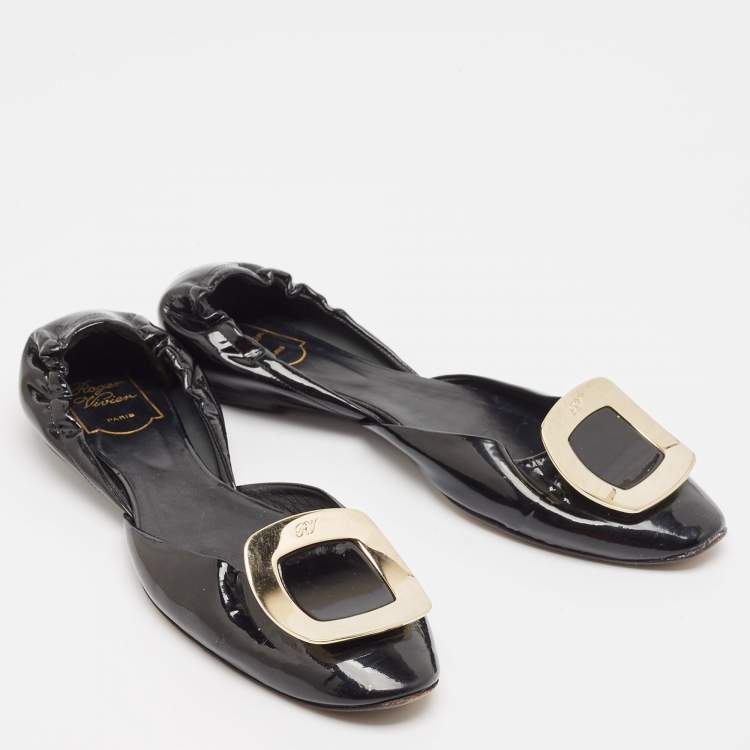 Pre Owned Roger Vivier Black Patent Leather Chip Scrunch Flats Size 39
