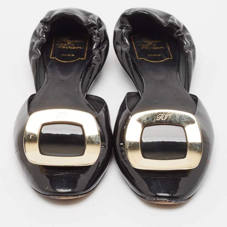 Pre Owned Roger Vivier Black Patent Leather Chip Scrunch Flats Size 39
