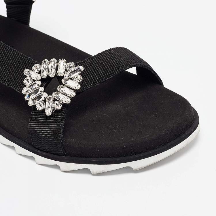 Pre Owned Roger Vivier Black Canvas Crystal Embellished Flat Sandals Size  41