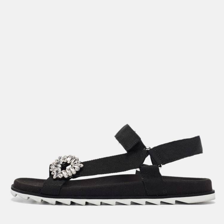Pre Owned Roger Vivier Black Canvas Crystal Embellished Flat Sandals Size  41