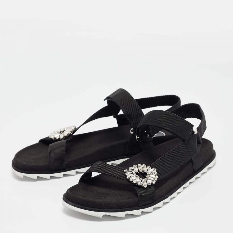 Pre Owned Roger Vivier Black Canvas Crystal Embellished Flat Sandals Size  41