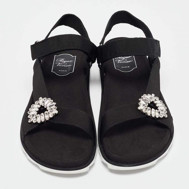 Pre Owned Roger Vivier Black Canvas Crystal Embellished Flat Sandals Size  41