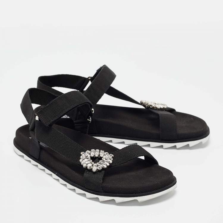Pre Owned Roger Vivier Black Canvas Crystal Embellished Flat Sandals Size  41