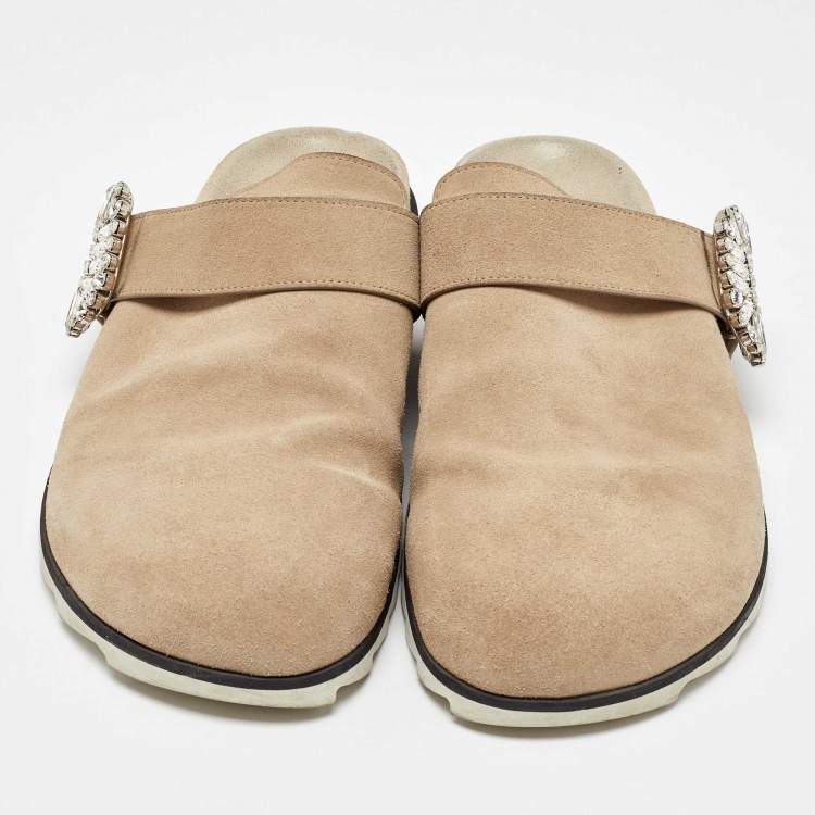 Pre Owned Roger Vivier Beige Suede Slidy Strass Buckle Mules Size 40