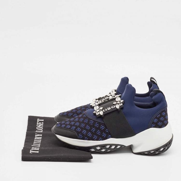 Pre Owned Roger Vivier Blue Leather and Mesh Viv Run Strass Slip On Sneakers Size 38