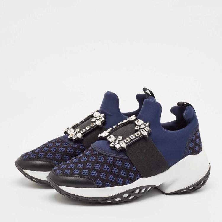 Pre Owned Roger Vivier Blue Leather and Mesh Viv Run Strass Slip On Sneakers Size 38