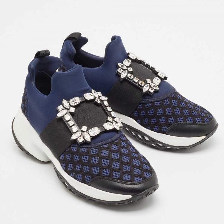Pre Owned Roger Vivier Blue Leather and Mesh Viv Run Strass Slip On Sneakers Size 38
