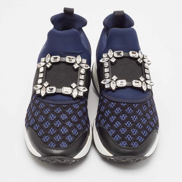 Pre Owned Roger Vivier Blue Leather and Mesh Viv Run Strass Slip On Sneakers Size 38